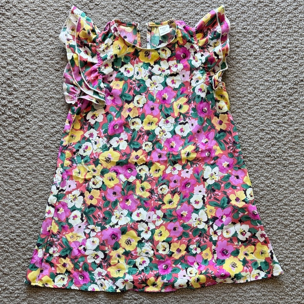 SHEIN Pink Yellow White Floral Ruffle Sleeve Kids Dress